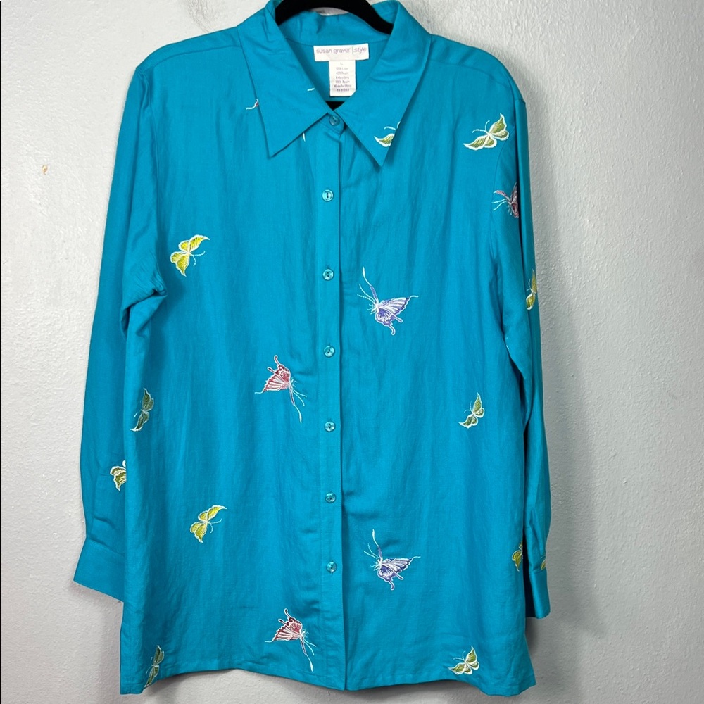 Susan Graver Style Linen Blend Turquoise Butterfly Embroidered Blouse Large
